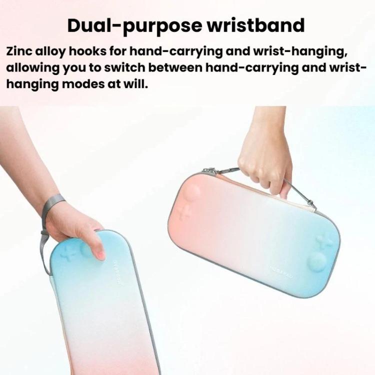 Light blue storage case with dual-purpose wrist strap and metal hooks