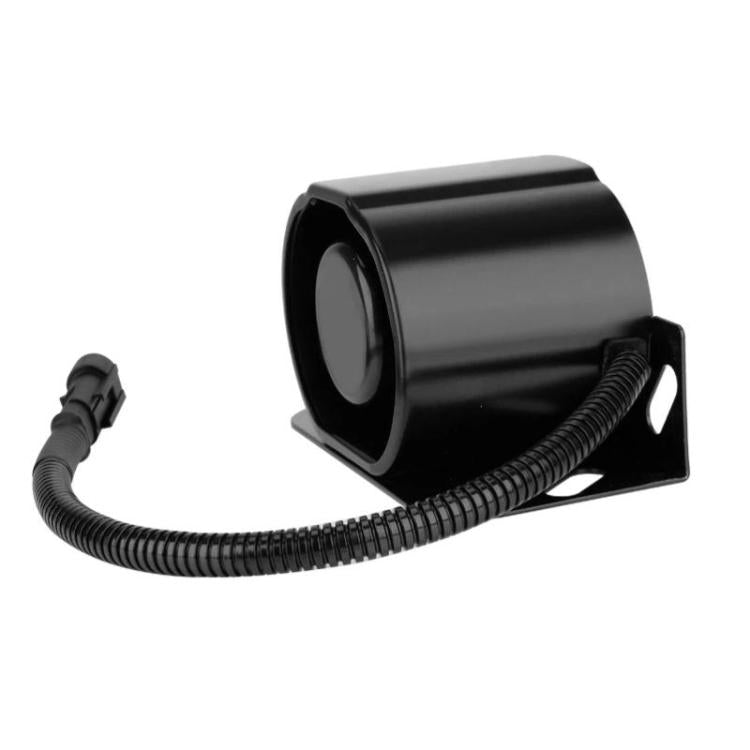 Black horn buzzer speaker on bracket with coiled wiring cable