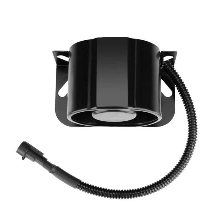 Black waterproof reversing buzzer horn underside view with mounting tabs and wiring
