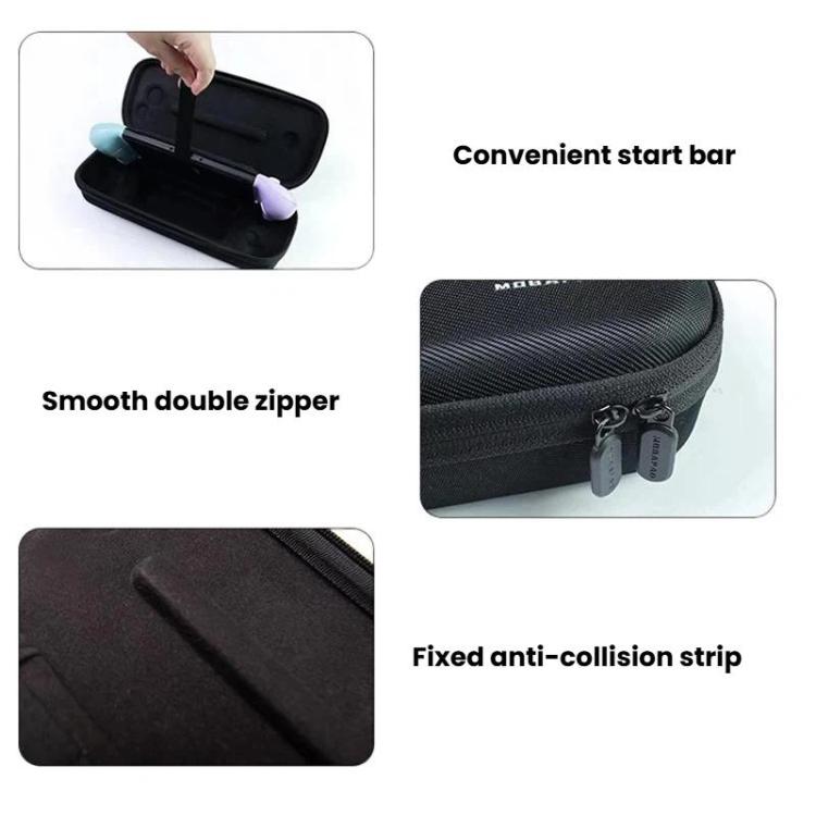 Black travel case details: smooth double zipper, fixed anti-collision strip