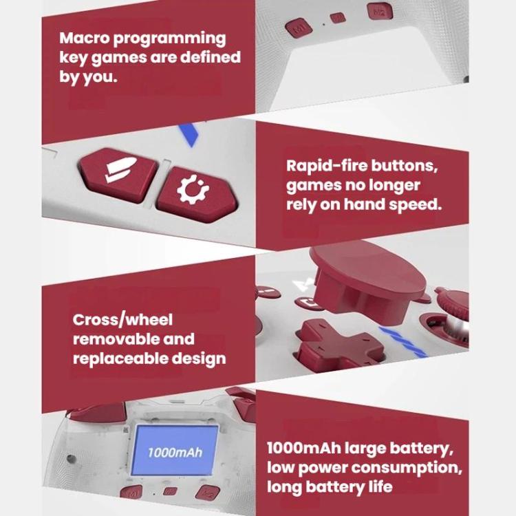 White game controller feature diagram with buttons, wheel, and battery panel