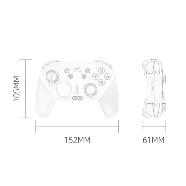 White game controller dimensions diagram with front and grip size marks