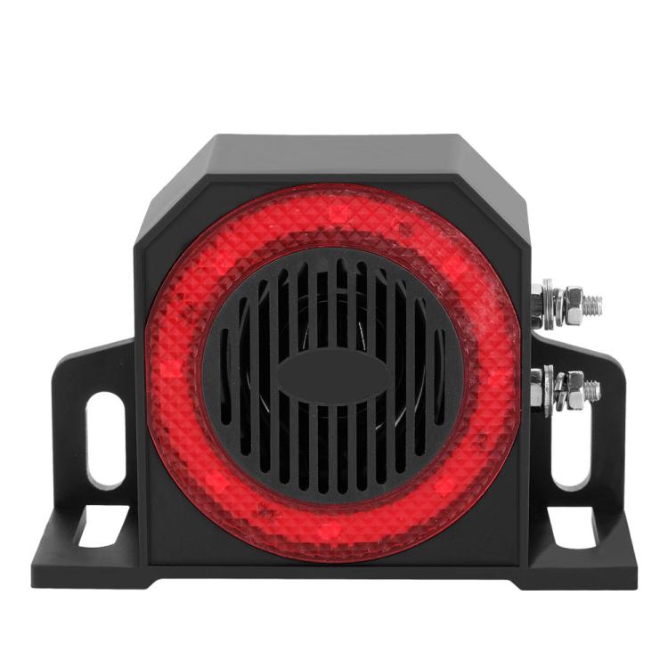 Red LED voice reversing alarm horn with black housing and mounting brackets