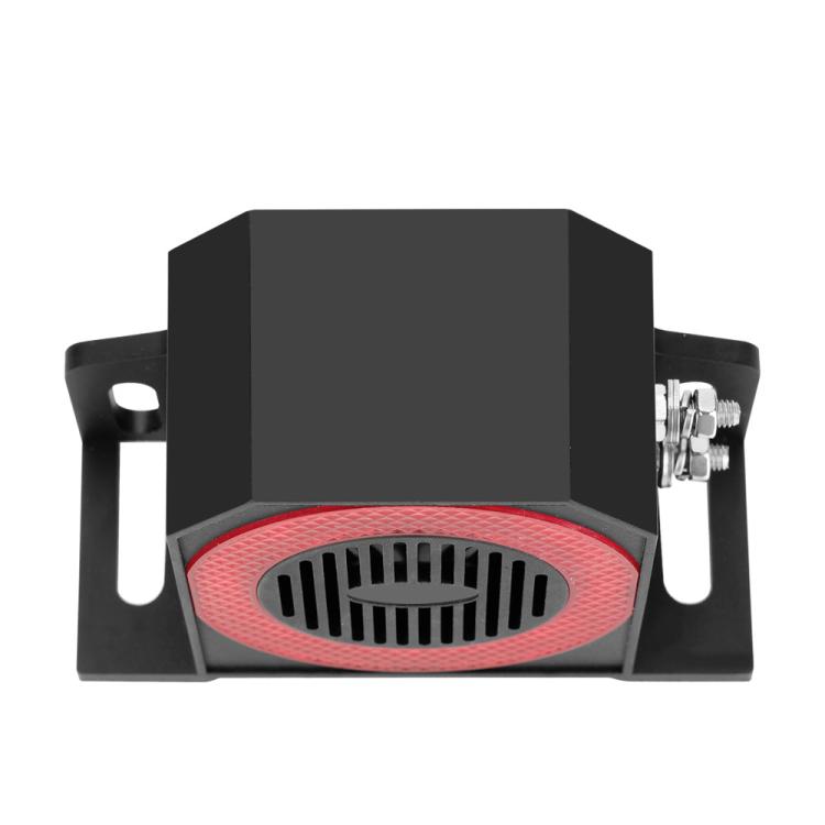 Black reversing alarm horn with red LED ring and grille speaker, side view