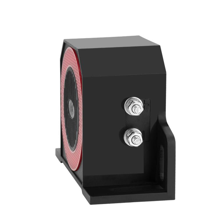 Black alarm horn with red speaker face and two metal mounting screws