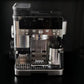 Espresso machine with black ridged bean hopper extension and covered hopper