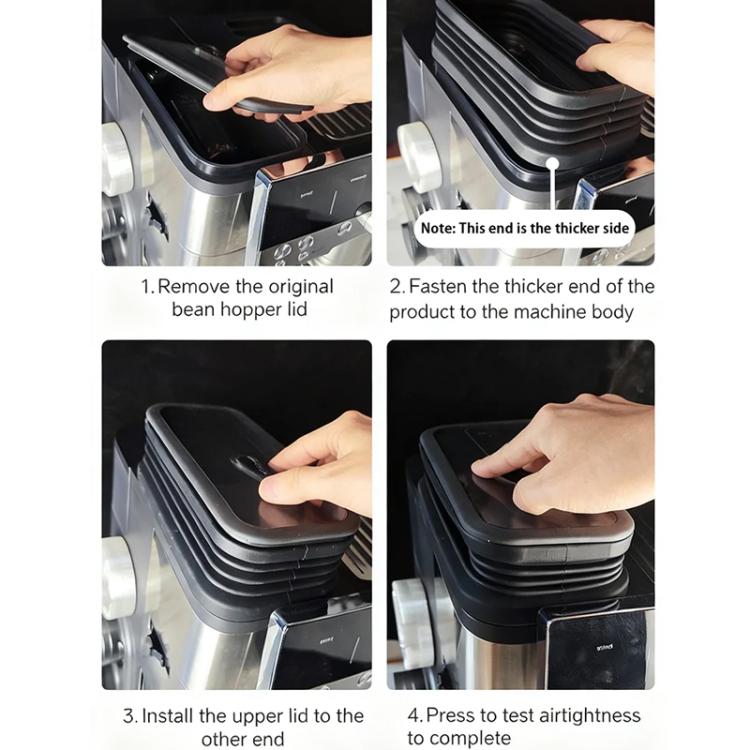 Hand installing a black ridged bean hopper extension on a coffee machine