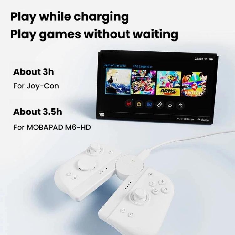 Pair of white charging grips for controllers with slide rails and charging status lights