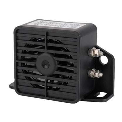 Black square waterproof voice reversing alarm with front speaker grille and mounting bracket