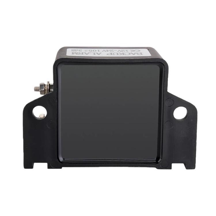 Black square waterproof reversing alarm housing with front face and mounting tabs