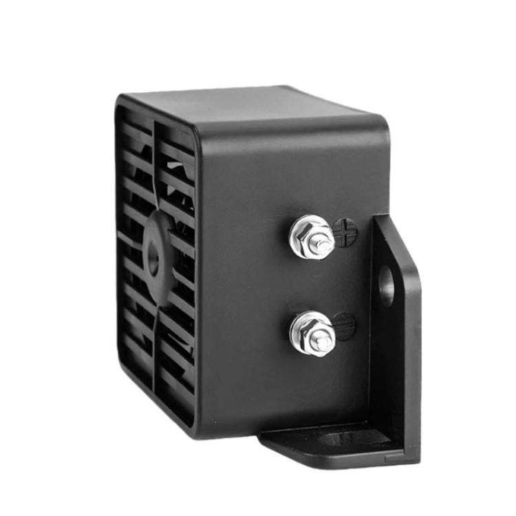 Black square alarm speaker with two side screw terminals and angled mounting base