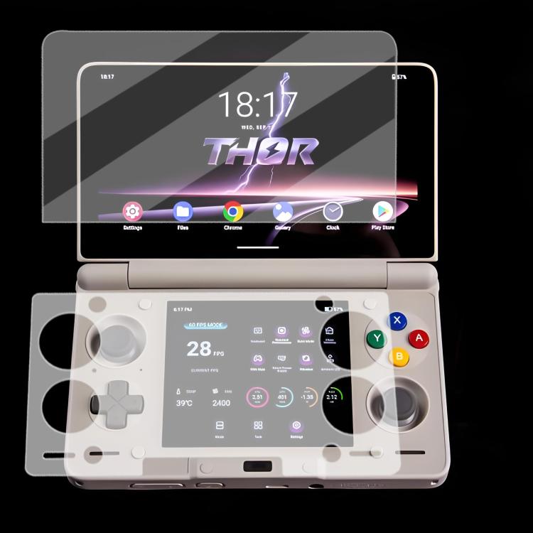 Tempered glass protectors on AYN Thor screen and controls, HD clear