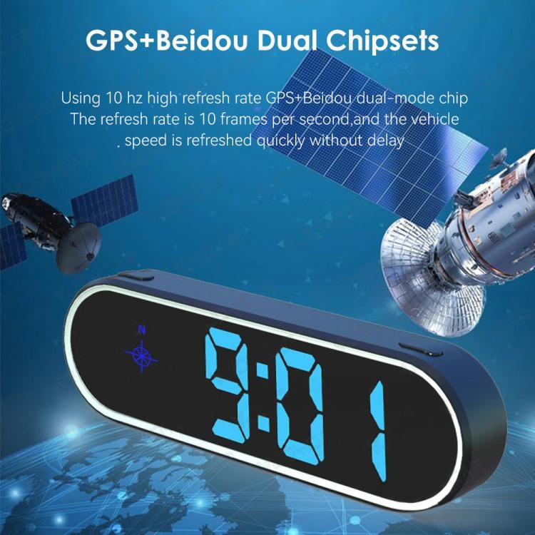 Car speed HUD display with blue LED reading 361 and directional compass icon