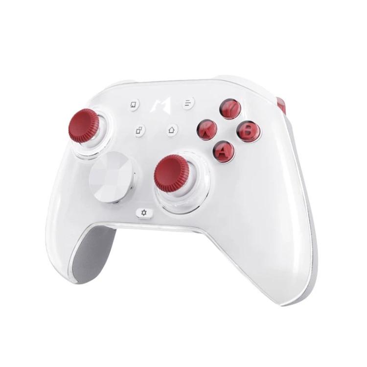 White mechanical game controller with red thumbsticks and ABXY face buttons