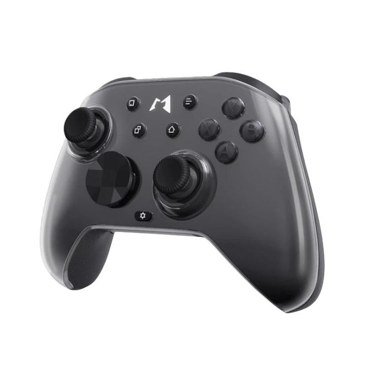 Grey mechanical game controller with dark thumbsticks and ABXY face buttons