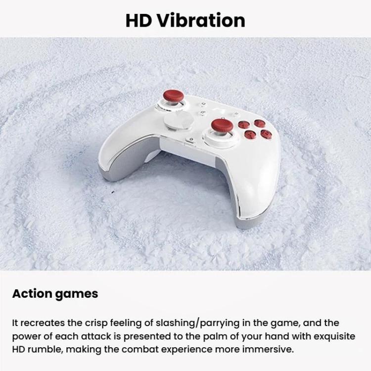 White mechanical game controller with red thumbsticks and translucent red face buttons