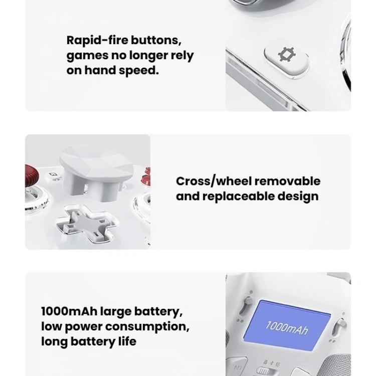 White mechanical game controller with red thumbsticks and front action buttons
