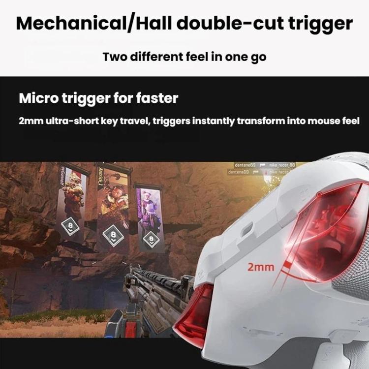 White mechanical game controller with red translucent trigger housing