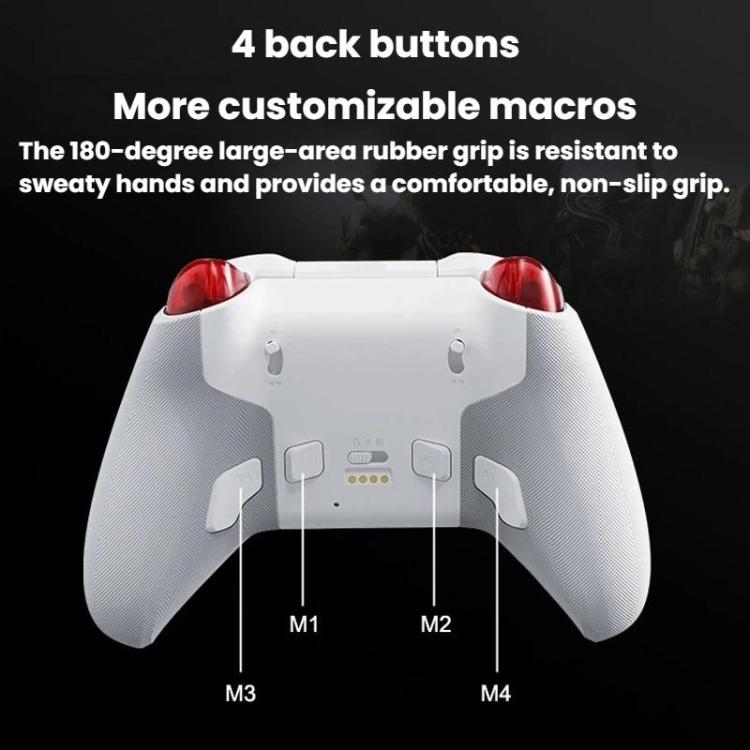 White mechanical game controller back with four macro buttons and textured grips