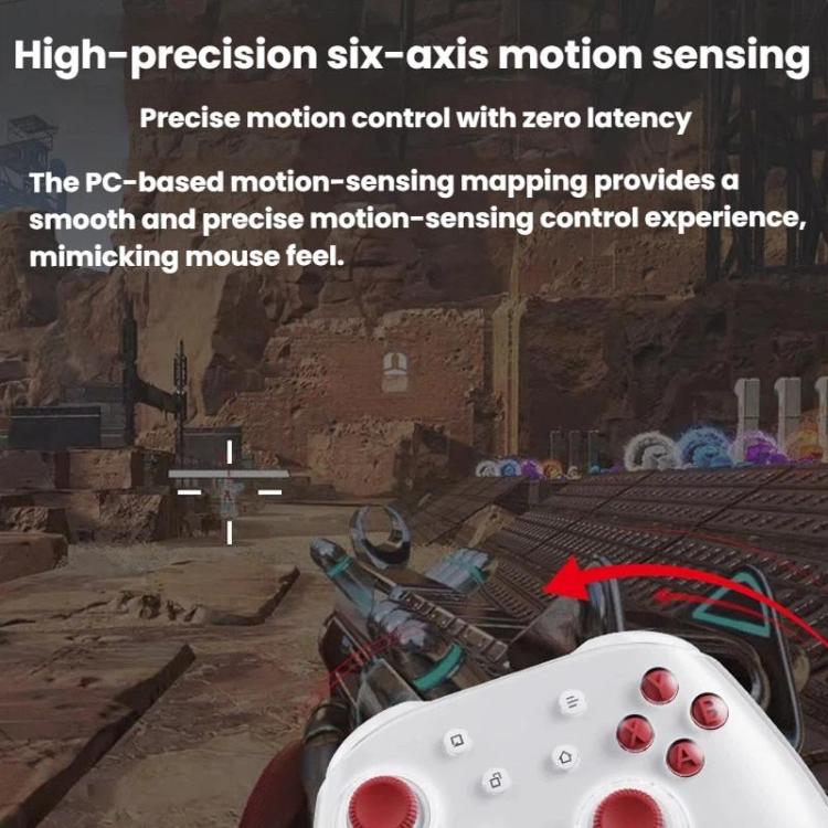 White mechanical game controller with red ABXY face buttons and twin thumbsticks