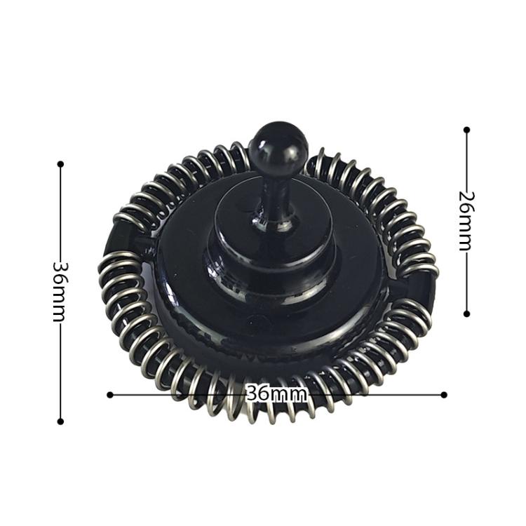 Black frothing whisk attachment with spring coil ring and central knob; size shown