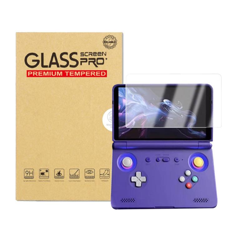 Tempered glass screen protector on purple handheld console screen, clear fit.