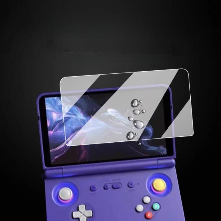 Clear tempered glass screen protector fitted over handheld console display.