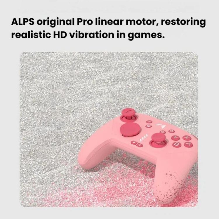 Pink wireless game controller on textured surface, showing full button layout