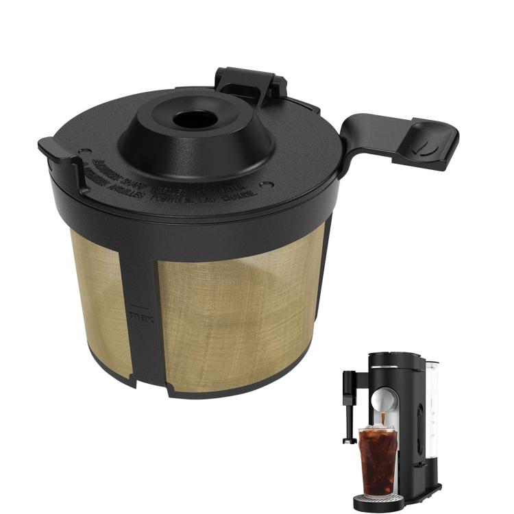 Reusable stainless steel coffee filter with black lid, mesh basket insert
