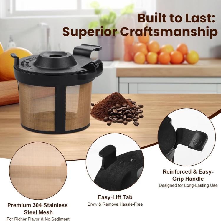 Stainless steel mesh coffee filter with reinforced easy-lift tab and black lid