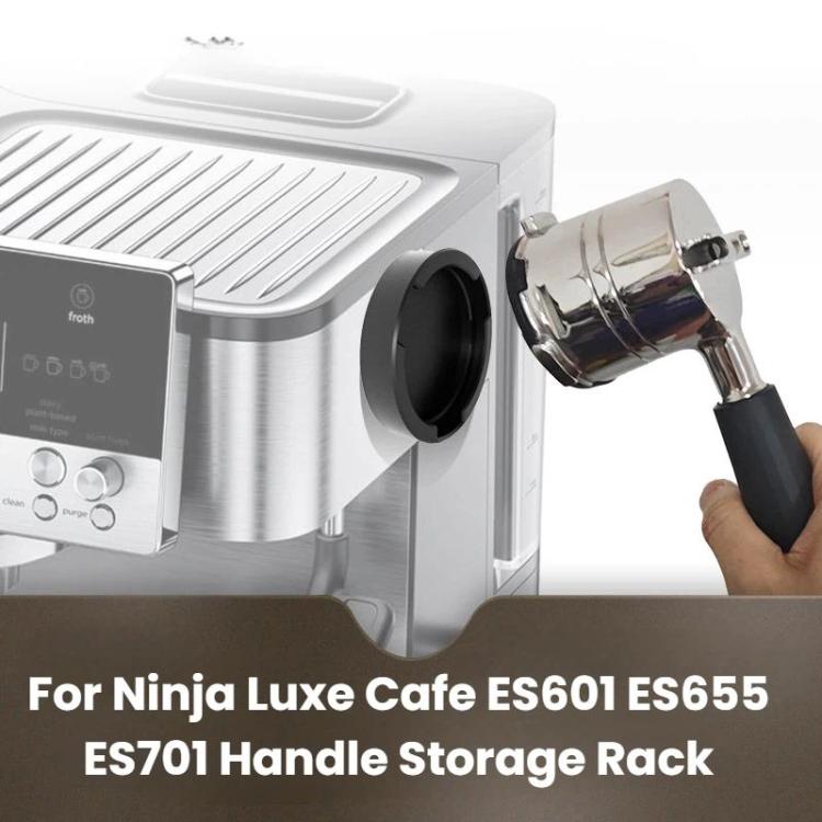 Wall-mounted handle storage rack on espresso machine with portafilter holder