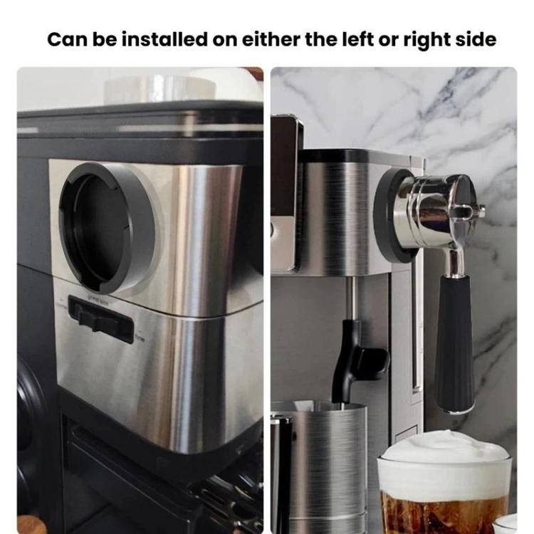 Handle storage rack mounted on the left or right side of an espresso machine