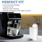 White water filter cartridge standing upright beside a coffee machine