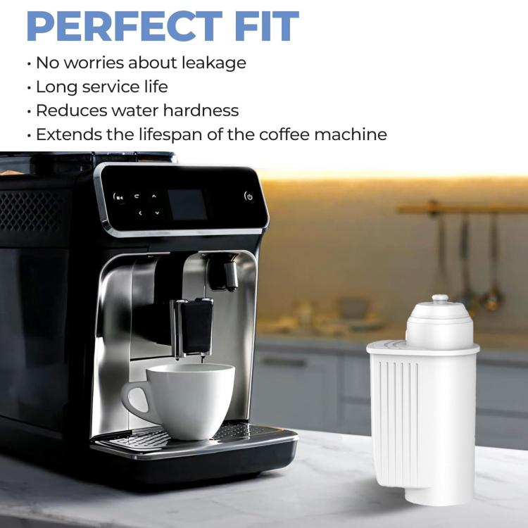 White water filter cartridge standing upright beside a coffee machine