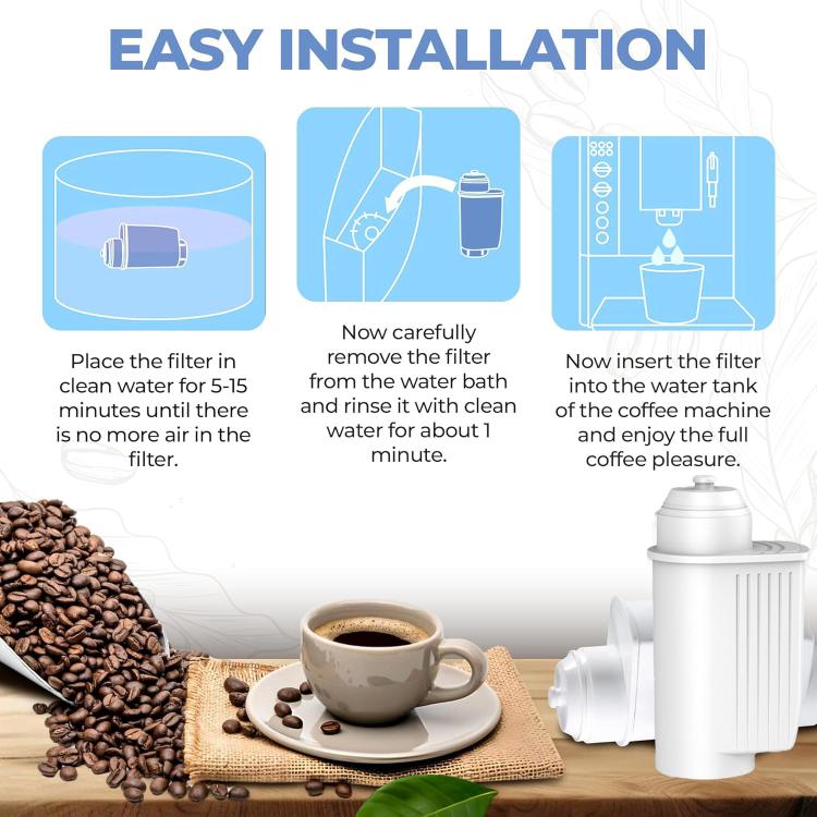 White water filter cartridge with pleated sides, shown next to coffee
