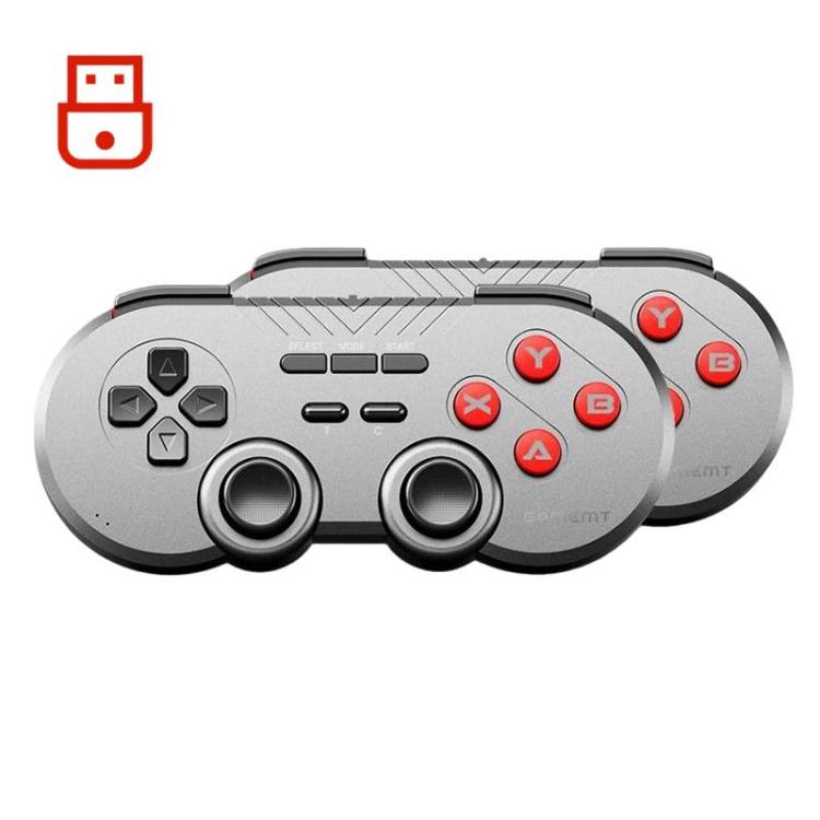 Wireless game controller angled view with dual joysticks and red ABXY face buttons
