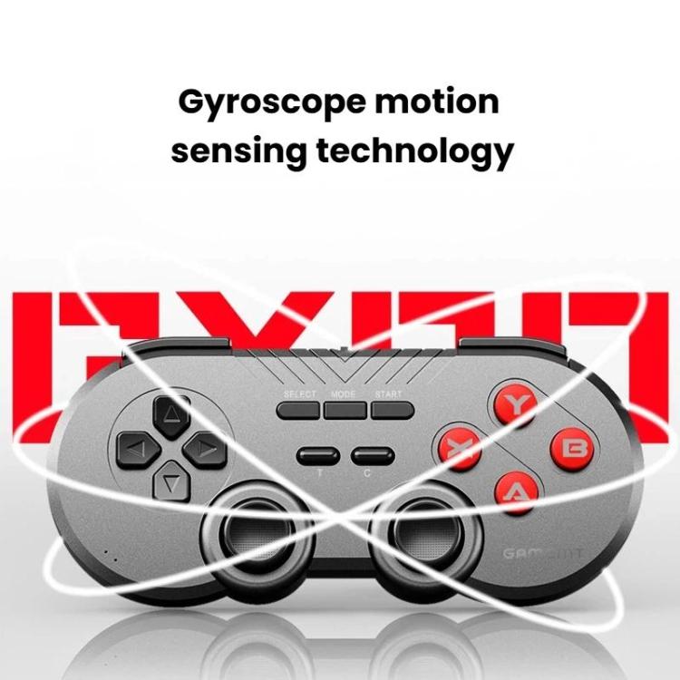 Wireless game controller with dual joysticks and ABXY buttons, gyroscope feature graphic
