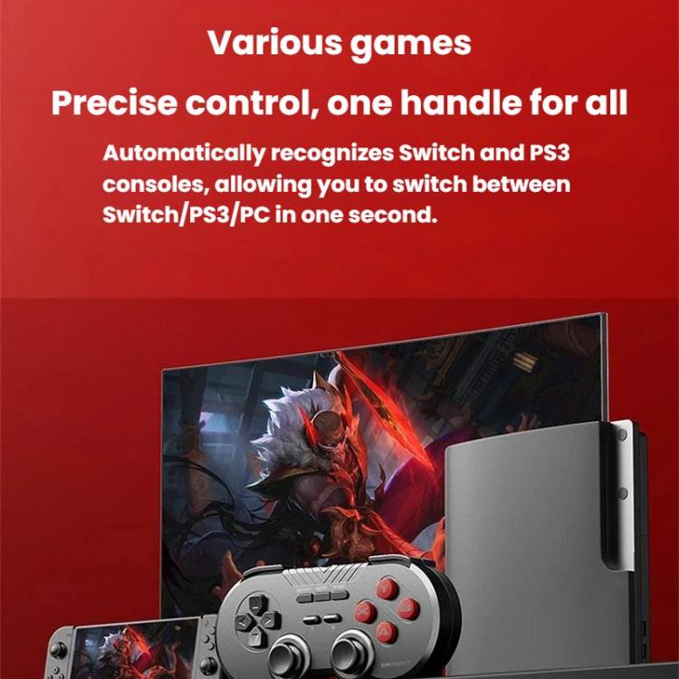 Gray wireless game controller held in front of a game console screen