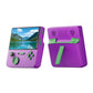 Handheld retro game console, purple with green joystick controls and outdoor landscape screen