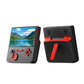 Handheld retro game console, black back with red speaker strip and vented grille