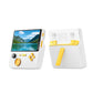 Handheld retro game console, white with yellow D-pad and mountains-by-lake screen