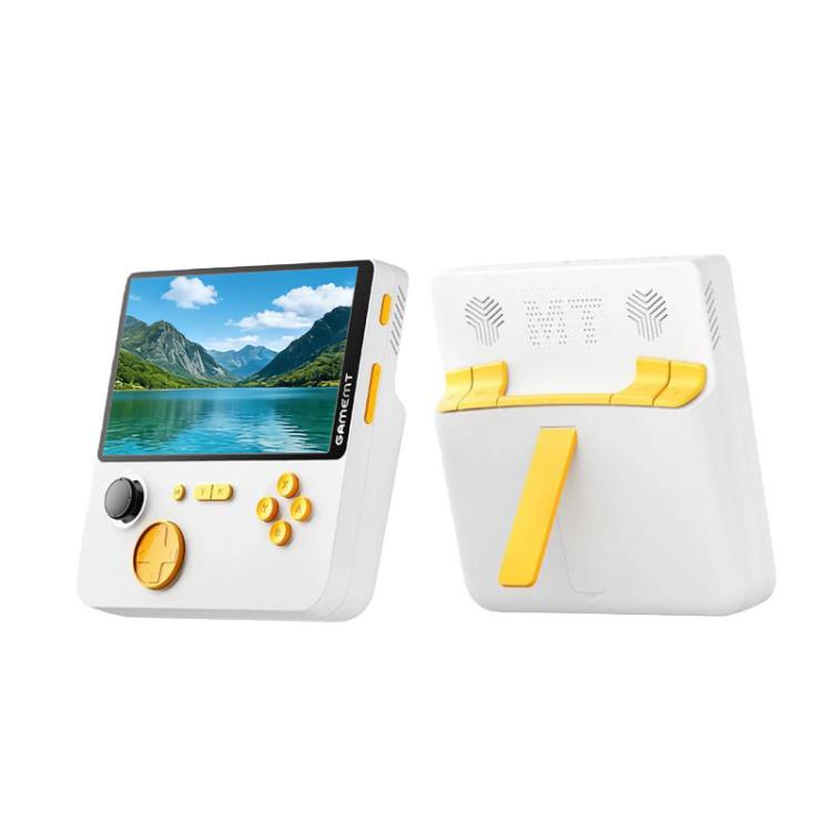 Handheld retro game console, white with yellow speaker vents and side control buttons