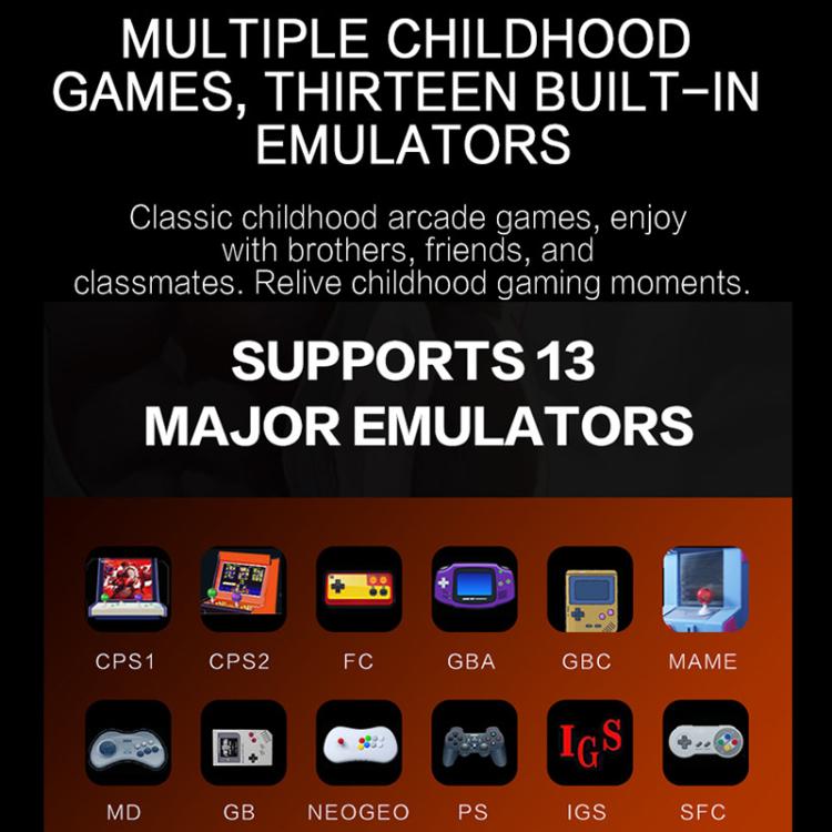 Handheld console features infographic showing supported emulators and platforms