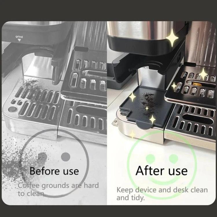 Coffee grounds catcher mat shown with before-and-after grounds cleanup on the tray