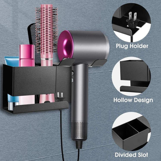 Hair dryer holder wall mount with divided slots, plug holder, and hollow design.