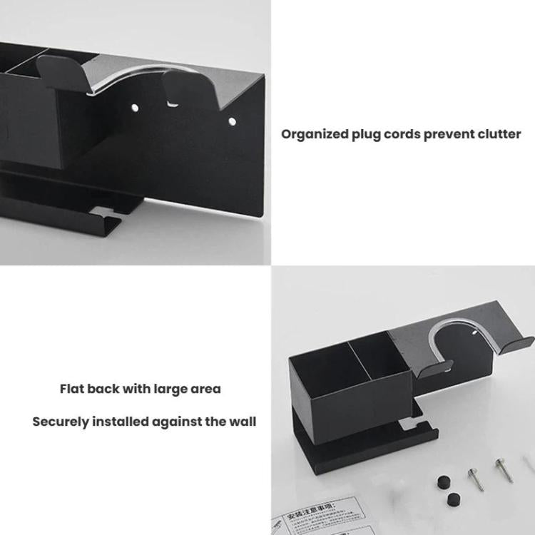 Wall-mount hair dryer holder with flat back plate and organized plug cord storage.