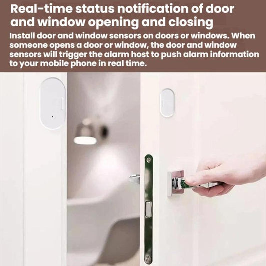 White door sensor mounted on a door frame with a hand testing it