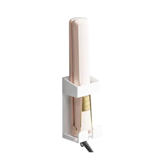White wall-mount curling iron holder with heat-resistant cradle and cord organizer