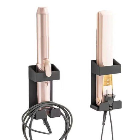 Two wall-mounted curling iron holders with heat-resistant cradles and cord organizer