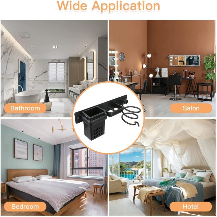 Wall-mounted hair tool holder shown in use, black storage rack with cord coil hooks